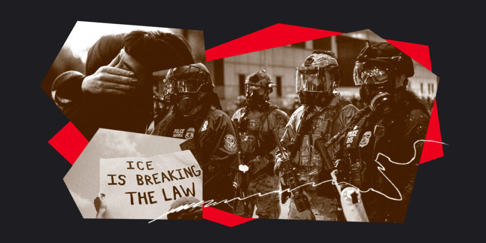 A graphic with photos depicting ICE agents and demonstrators.