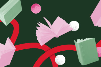 A graphic that includes images pertaining to reading and the holidays.