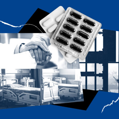 Collage on a blue background showing prescription pills, a hospital bed, a doctor holding a patient’s hand, and barred windows, illustrating medical care and health conditions inside immigration detention or correctional facilities.