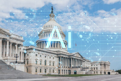 The U.S. Capitol building with digital AI graphics overlay, representing artificial intelligence regulation and tech policy in government.