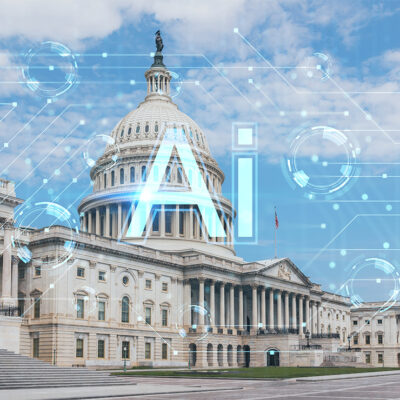 The U.S. Capitol building with digital AI graphics overlay, representing artificial intelligence regulation and tech policy in government.