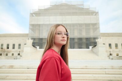 Becky Pepper-Jackson stands in front of the Supreme Court.