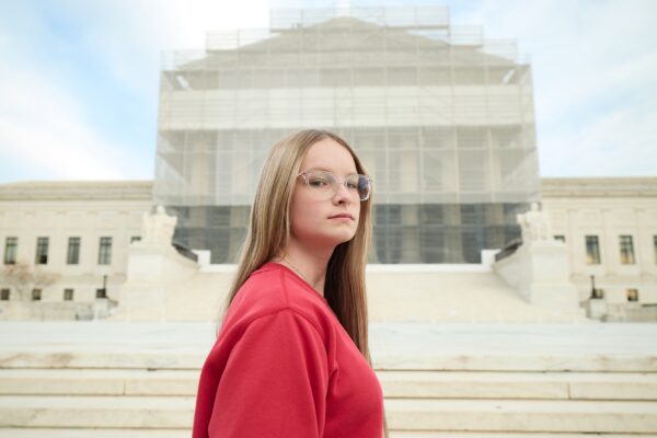 Becky Pepper-Jackson stands in front of the Supreme Court.