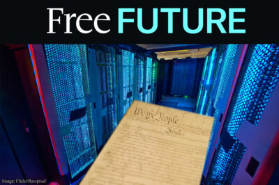 The front page of the Constitution surrounded by a supercomputer
