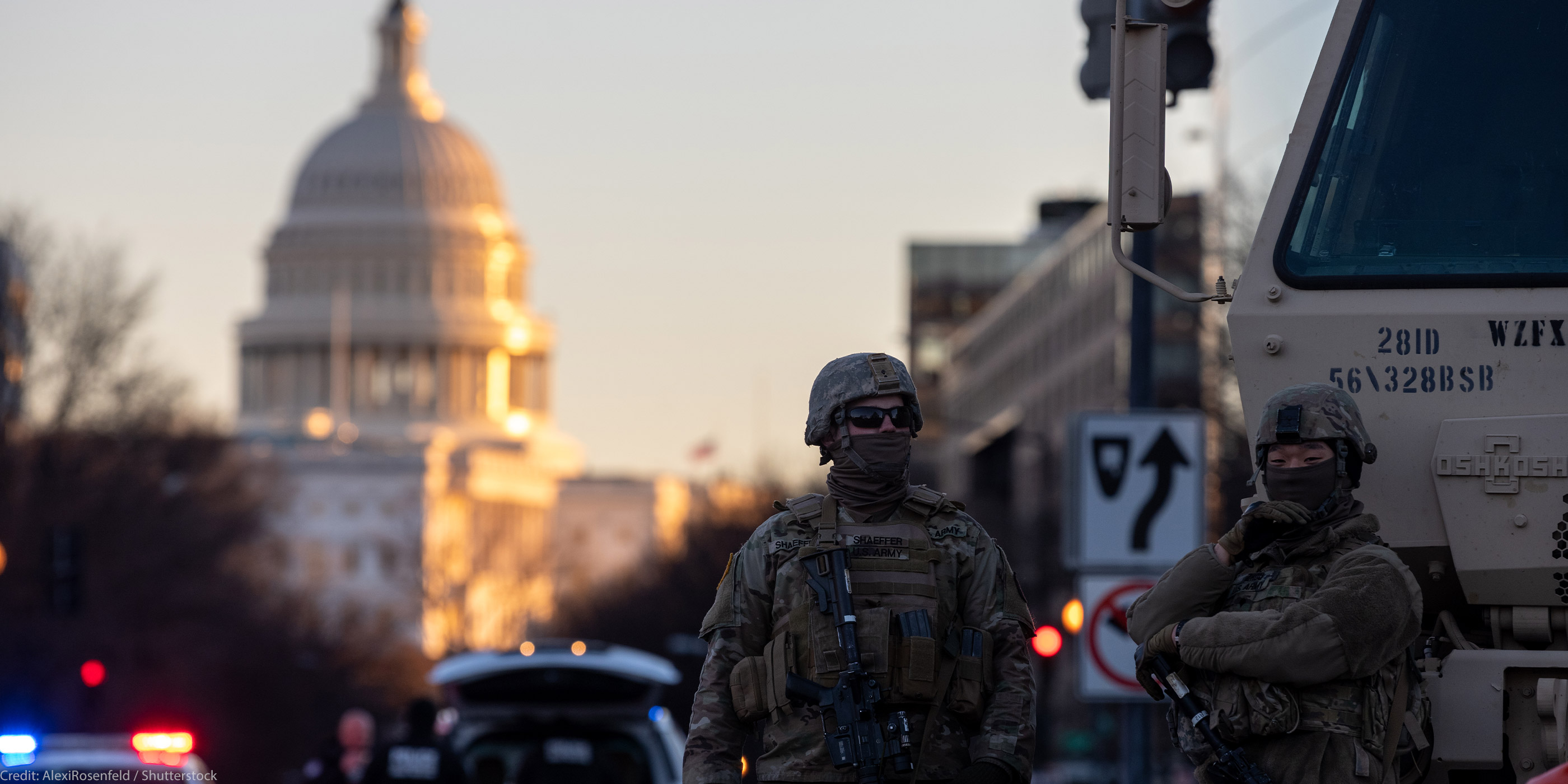 Members of the National Guard patrol the area surrounding the outskirts of the Capitol Building in Washington D.C.