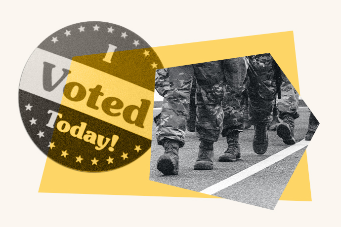 An I Voted sticker is shown next to an image of military troops' boots.