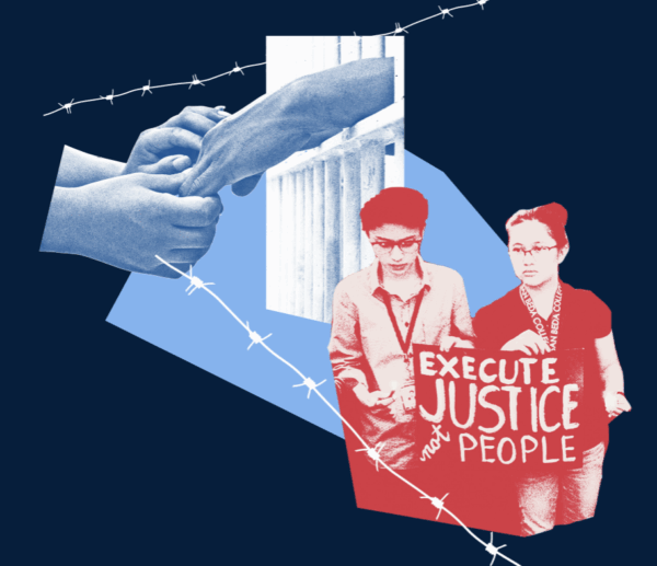 And image depicting a person behind bars, barbed fencing, and demonstrators with a sign that says "Execute justice, not people."